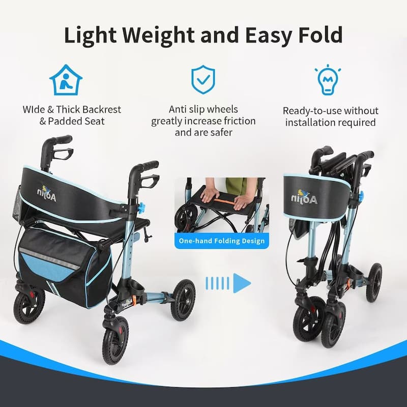 Lightweight Foldable All Terrain Rolling Walker with seat, Aluminum Walkers with 8 inch Rubber Wheels
