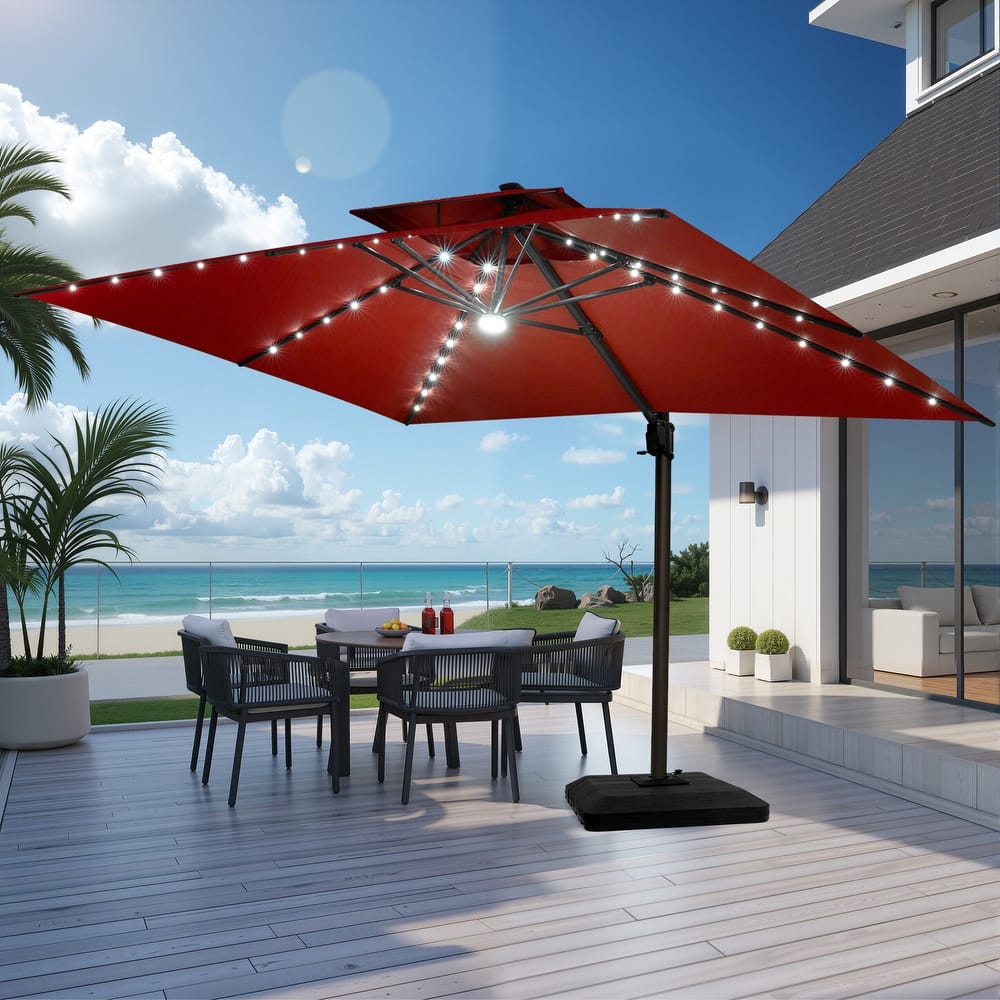 VredHom 9 x 11ft Outdoor Aluminum Dual Top Cantilever Patio Umbrella LED Light with Weights Base