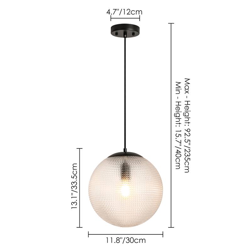 1-Light Modern Indoor Matte Black Finish Kitchen Island Pendant Lights with Globe Diamond Textured Grey/Clear Glass Shade