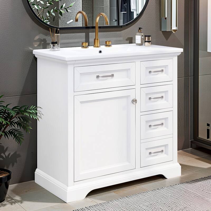 36" No-Installation Bathroom Vanity Set with Ceramic Undermount Sink,2 Tip-Out Drawers & Soft-Close Hinges