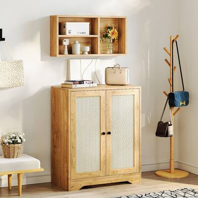 JASIWAY Buffet Table Kitchen Sideboard with Rattan Decorated Doors