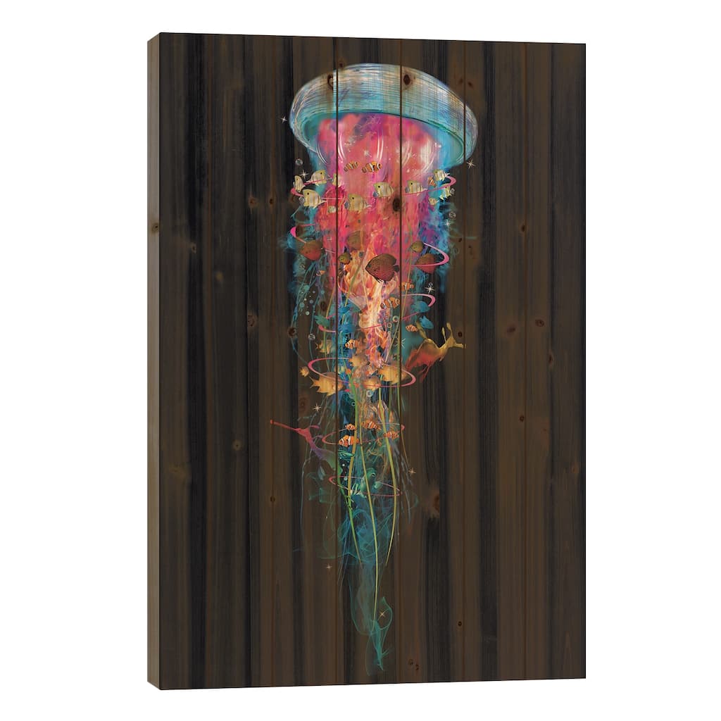 Super Electric Jellyfish World Print On Wood by David Loblaw - Multi-Color