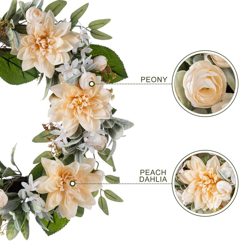 Glitzhome 24"D Artificial Floral Wreath with Peach Dahlia, Blue Peony & Hydrangea or Pink Hydrangea, Peony & Cherry