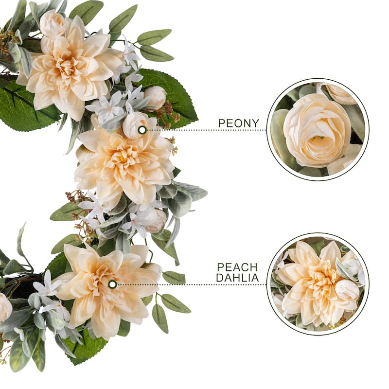 Glitzhome Peach Dahlia Floral Wreath Teardrop Garland