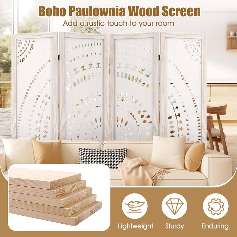 Costway 66" Boho 4-Panel Room Divider with Carved Pattern & Solid Wood - See Details