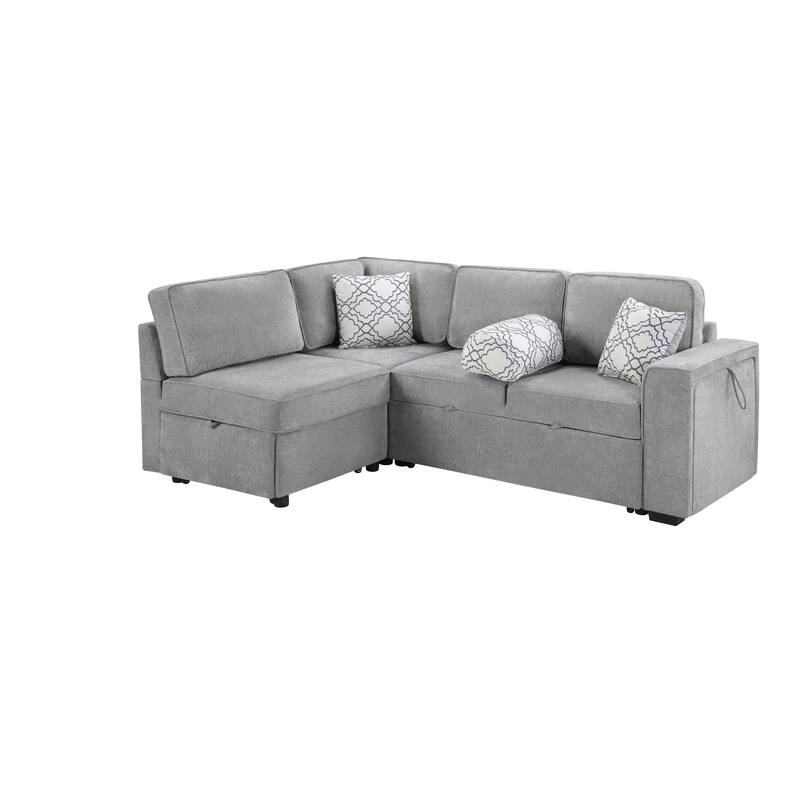 Convertible Sectional Sofa Bed with Flip-Top Table, USB Ports & Cup Holder, Chenille L-Shaped Sofa with Dual Pull-Out Sleepers