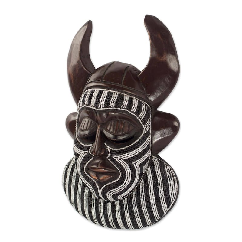 Handmade Kafo Horns African Beaded Wood Mask (Ghana) - 13" H x 8" W x 3.3" D