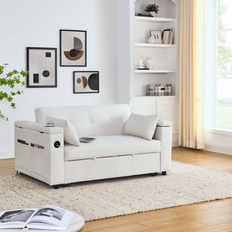 54" Pull-Out Sleeper Sofa Bed Double Seat Recliner Sofa Bed with Armrests with Storage and Side Pockets,with USB Power Outlet