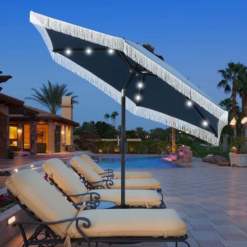 Ainfox 7FT Outdoor Patio Umbrella with Tilt Fringe Tassel Umbrella with LED Solar Lights - Navy Blue