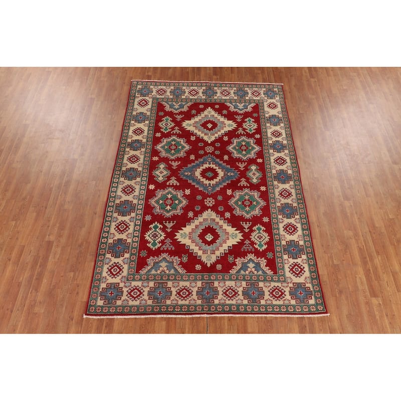 Geometric Red Kazak Oriental Area Rug Handmade Living Room Wool Carpet - 6'8" x 9'11"