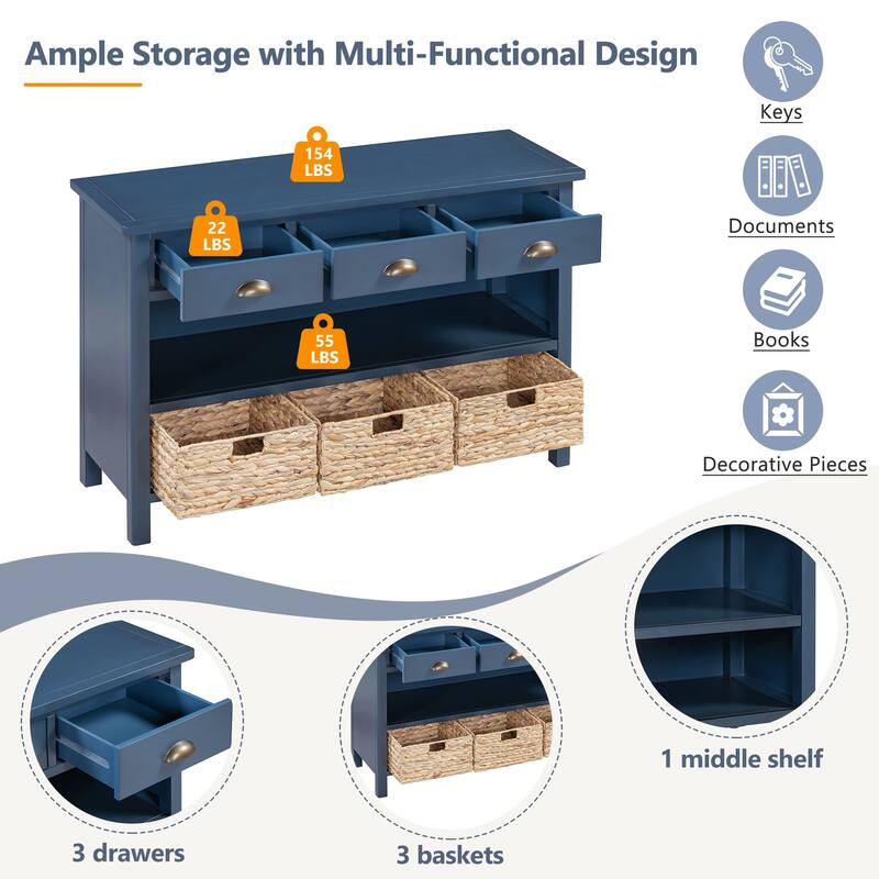 Retro Console Table with 3 Storage Drawers