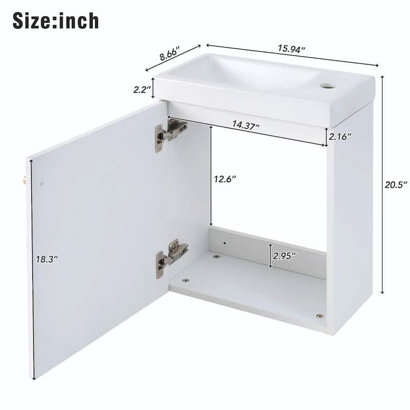 16" Wall-Mounted Bathroom Vanity Combo Cabinet with Ceramic Basin