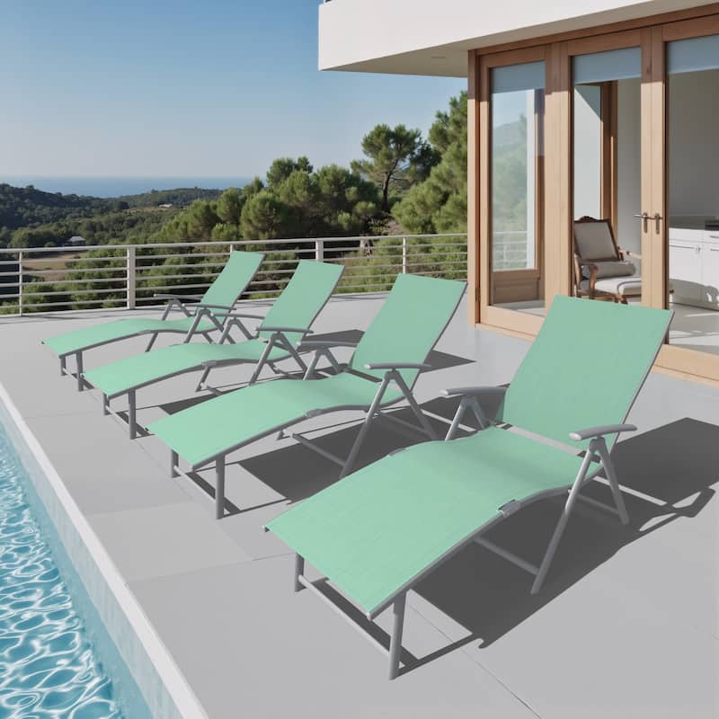 Outdoor Adjustable Aluminum Patio Folding Chaise Lounge Chair - Green - 4PC