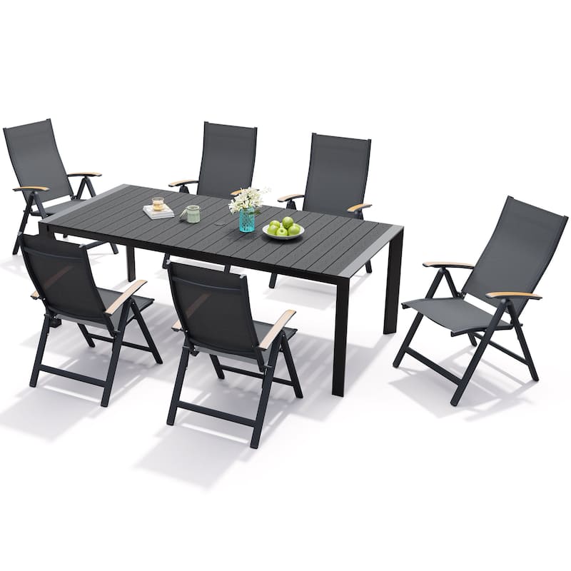 7-Piece Furniture Set Outdoor Patio Dining Table and Folding Chairs - Black