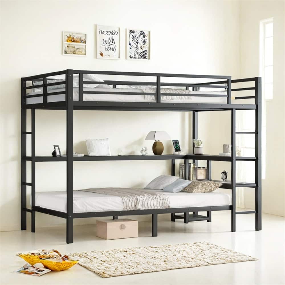 FULL Over Twin Bunk Bed with Desk and Shelves,with LED and USB