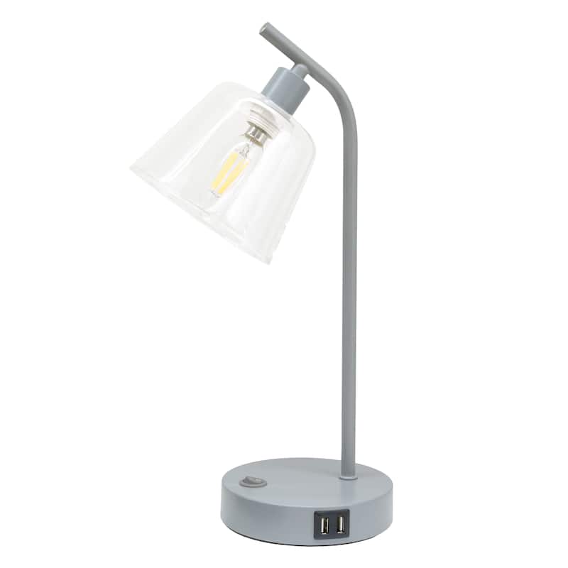 Modern Industrial Desk Lamp with Clear Glass Shade and Dual USB Charging Ports Multiple Colors - 8" (L) x 5.5" (W) x 15.75" (H) - Grey