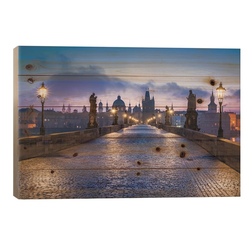 Charles Bridge In Prague, Czech Republic Print On Wood by Jan Becke - Multi-Color - 26x40x1.5
