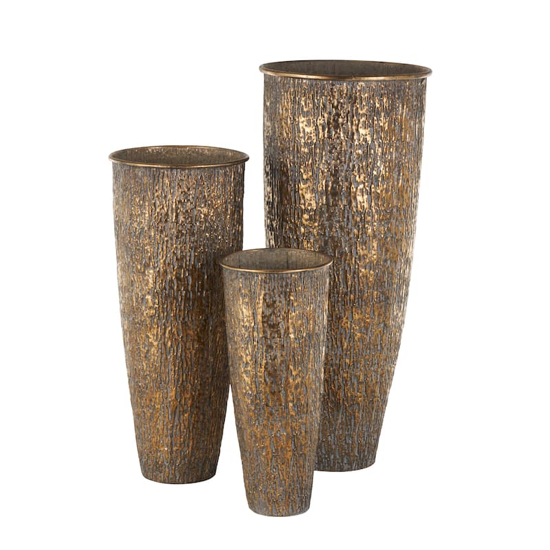 Metal Abstract Tapered Textured Floor Vase with Gray Backing - Set of 3 Brass - Roche River Decor - 17"W x 17"L x 40"H