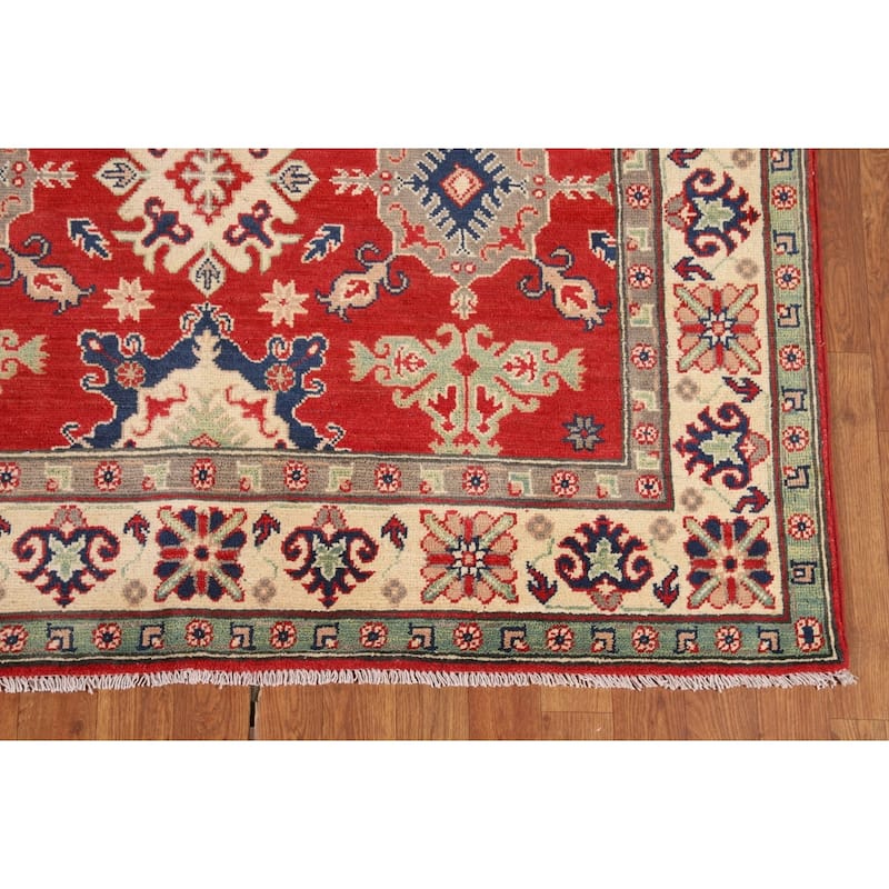 Geometric Red Kazak Oriental Rug Hand-Knotted Living Room Wool Carpet - 5'0" x 6'8"