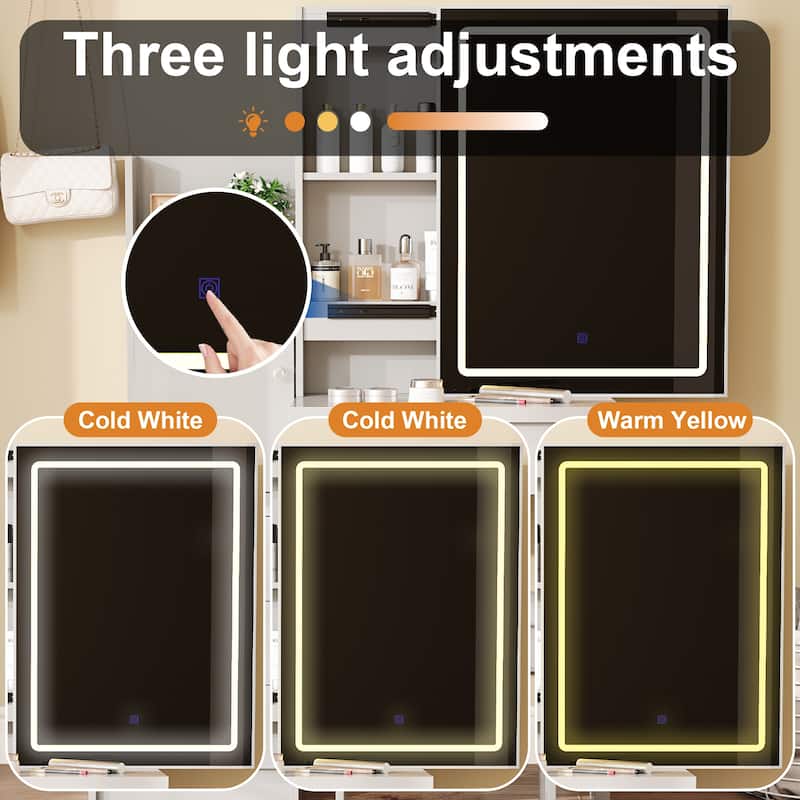 Anmytek Lighted Sliding Mirror Vanity Desk - 4 Drawers, 9 Storage Spaces,Power Outlets and Cushioned Stool