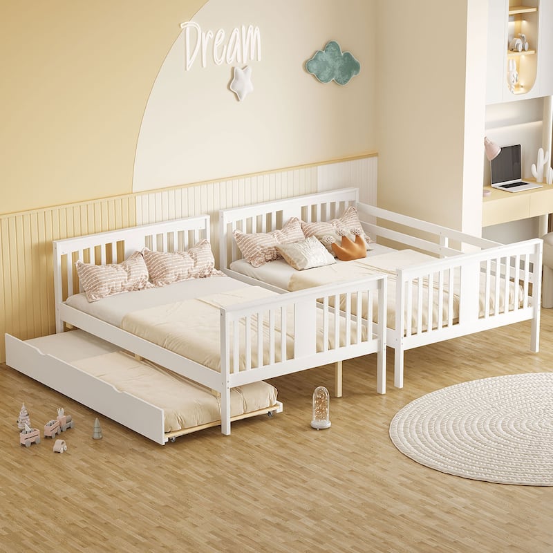 Classical Bunk Bed Solid Wood Full Bed Frame with Dense Fence Design Headboard Footboard, Can Be Divided into 2 Separate Beds