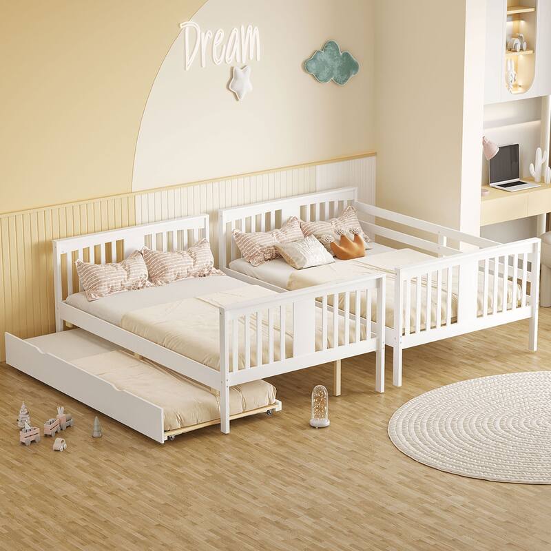 Full over Full Bunk Bed with Twin Size Trundle and Ladder-White