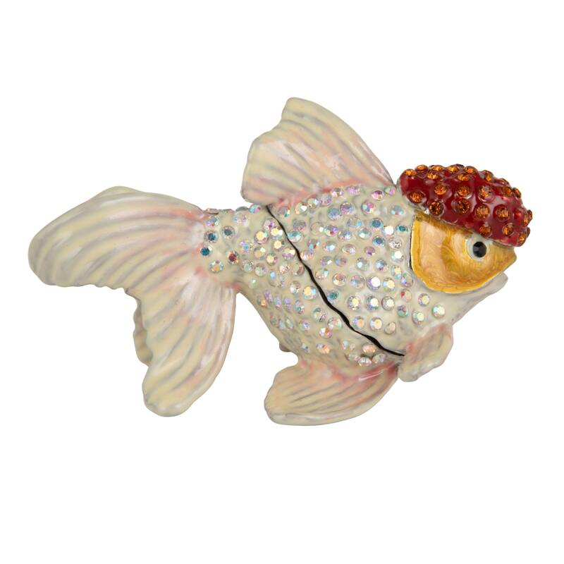 Enameled Goldfish-Shaped Metal Trinket Box with Jewels - 1.75"L x 3.13"W x 1.75"H