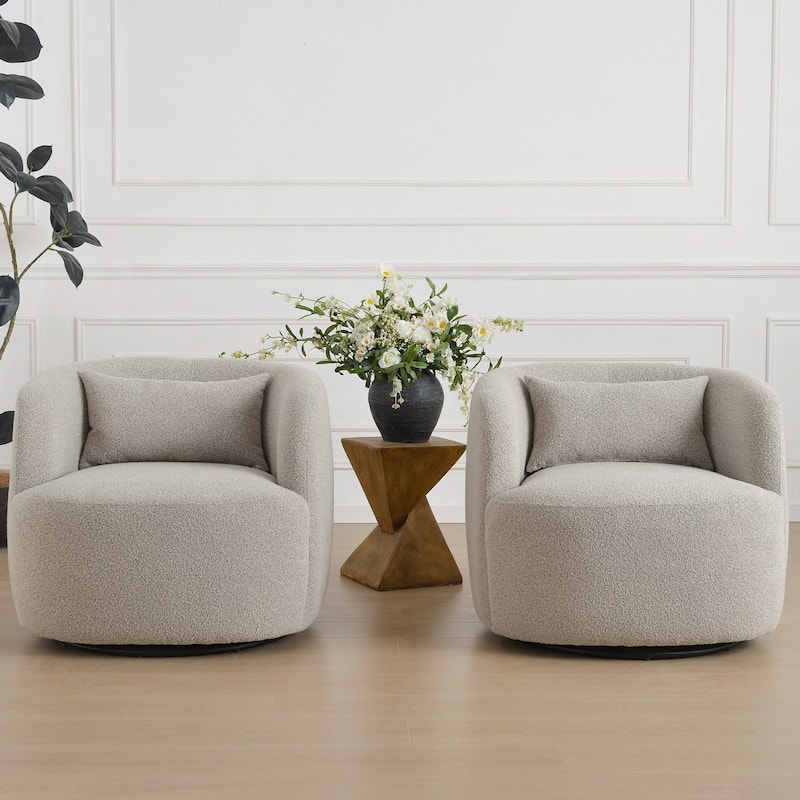 KINWELL 34" Wide Boucle Upholstered Sherpa Swivel Armchair (Set of 2) - Taupe