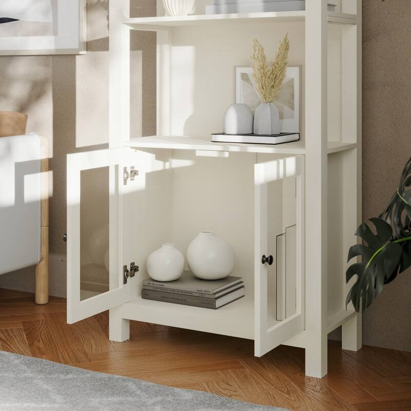 3 Tier Farmhouse Style Storage Cabinet Bookshelf with Glass Doors