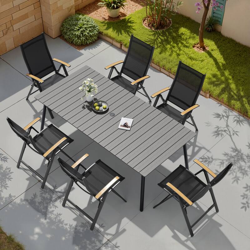 7-Piece Outdoor Patio Dining Set WPC Table Top Alumium Umbrella Hole Table with Folding Teak Armrest Chairs