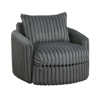 Goro Round Swivel Accent Chair, 39 Inch, Gray Corduroy, Solid Wood