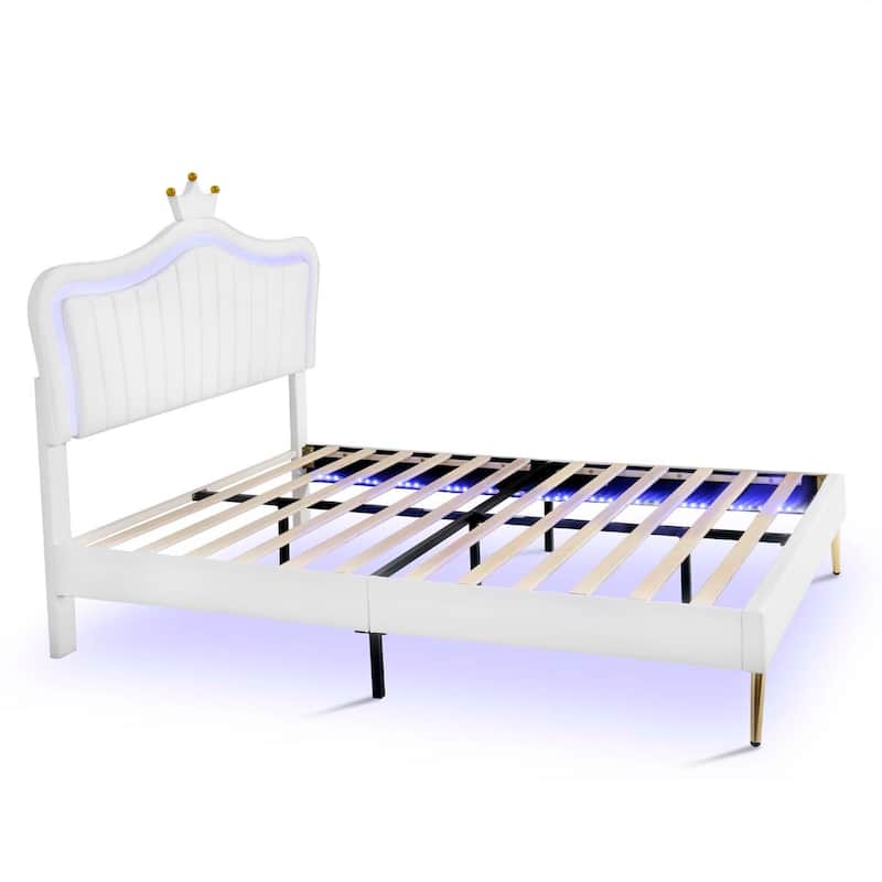 Queen Size Princess Upholstered Bed Frame with LED Lights