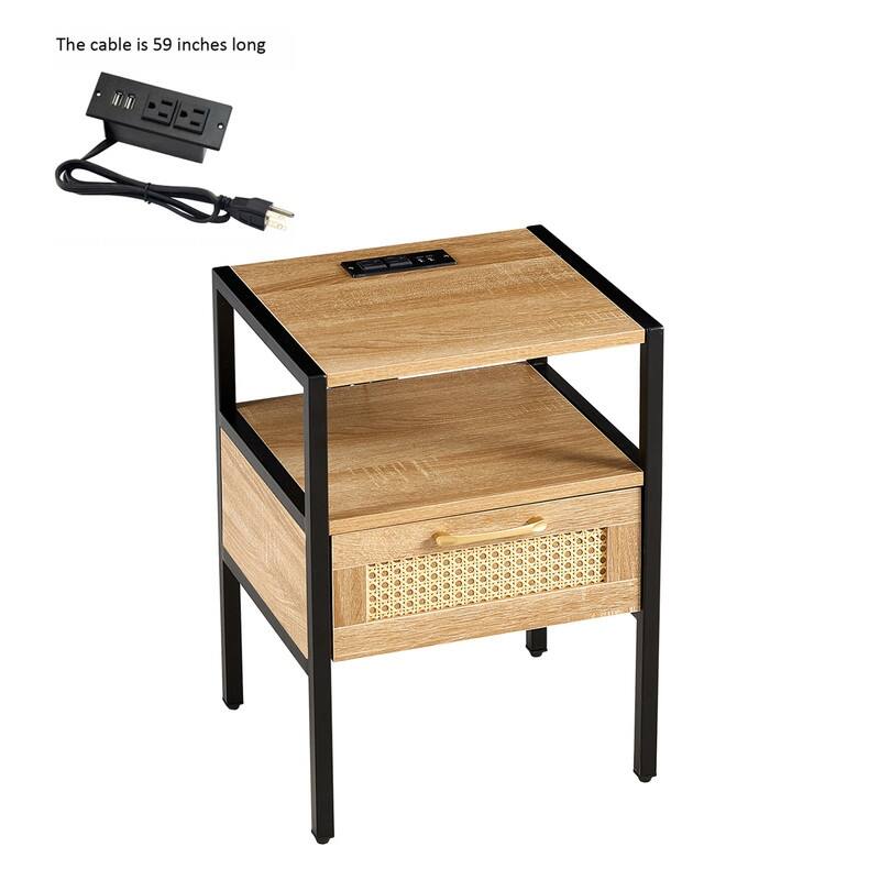 15.75" Modern Rattan End Table with Charging Station Nightstand with Drawer Metal Legs Side Table