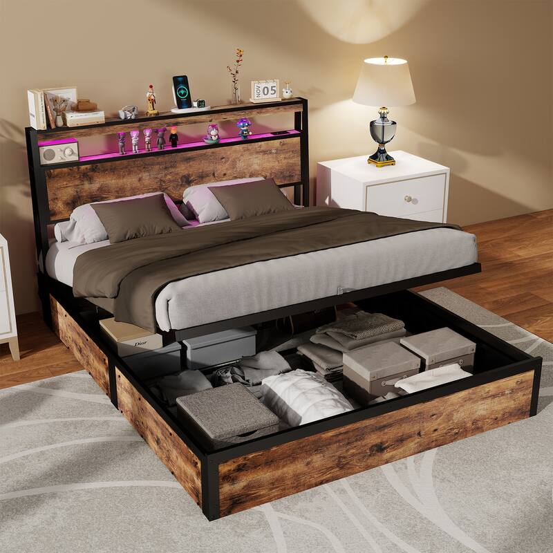 Rustic Brown Platform Bed Hydraulic Lift Storage Bed Frame, RGB LED Headboard with Charging Station, No Box Spring Needed - Rustic Brown - Full