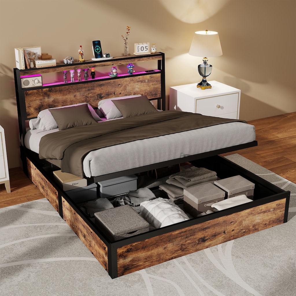 Rustic Brown Platform Bed Hydraulic Lift Storage Bed Frame, RGB LED Headboard with Charging Station, No Box Spring Needed