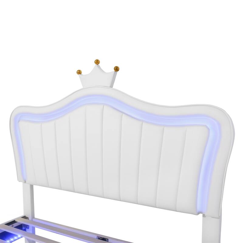 White Full Upholstered Bed Frame with LED Lights and Crown Headboard, 12 Slats, 600 lbs Capacity