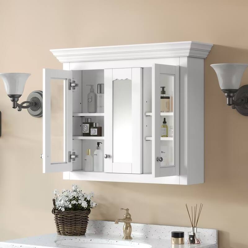 35" Bathroom Medicine Cabinet with Mirror, 5 Closed & Adjustable Shelves, Bathroom Wall Mounted Storage Cabinet with Glass Doors