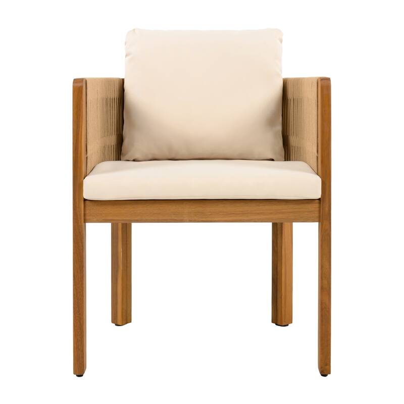 Acacia Wood Outdoor Dining Chairs 2-Pack with Brown Rope Handles, Washable Waterproof Cushions, 400 lbs Capacity