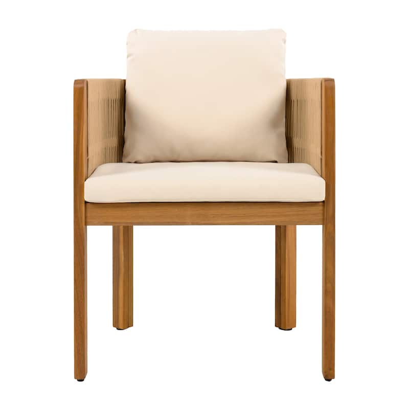 Pair of Acacia Wood Outdoor Dining Chairs – Includes Rope Handles, Machine-Washable Waterproof Cushions .