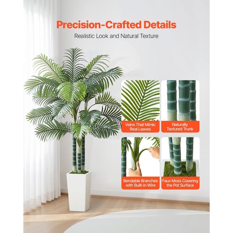 Thick-Trunk Areca Palm Artificial Tree with Green Leaves in White Planter for Home or Office Decor