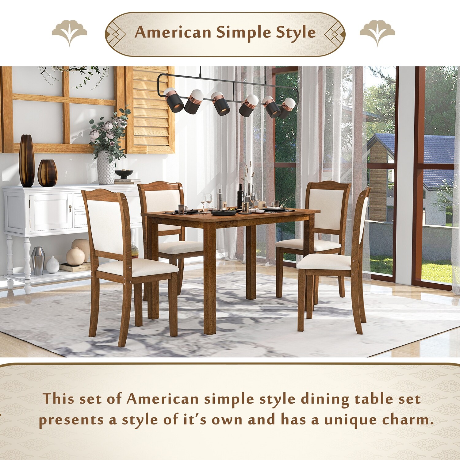 5pcs Simple Style Dining Table Set with 4 Upholstered Dining Chairs