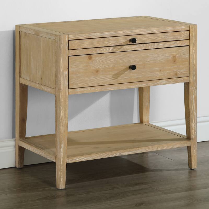 Natural Finish Nightstand with Pull-Out Tray and Open Shelf