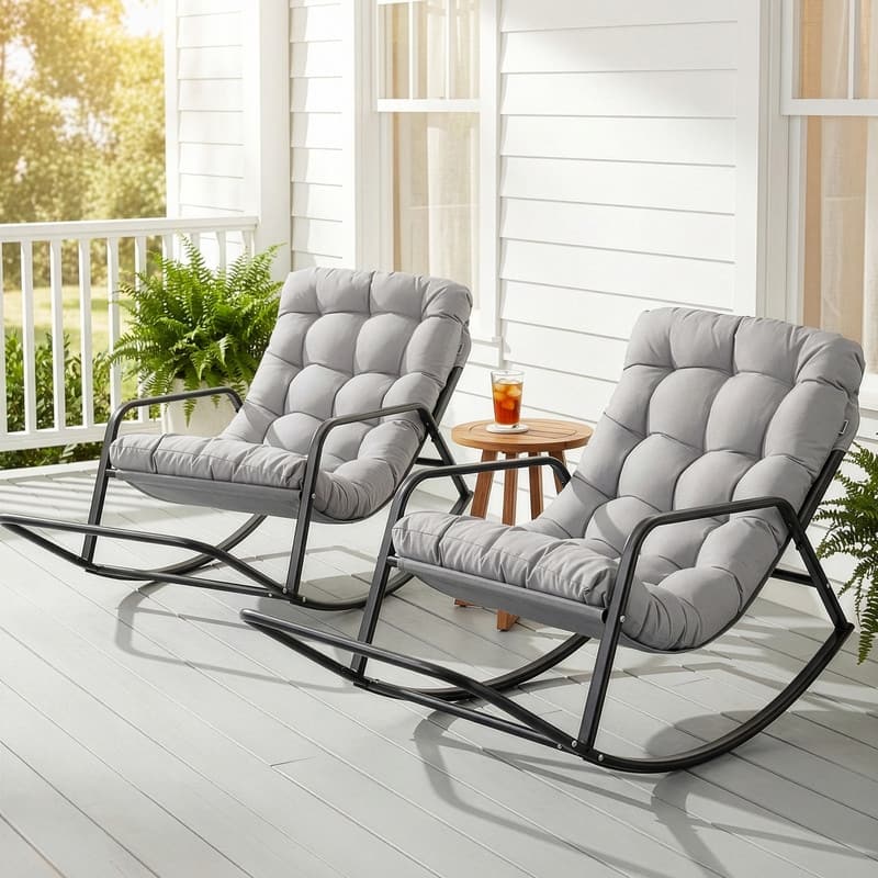 Oversized Outdoor Papasan Rocking Lounge Chair with Thick Cushion, Heavy-Duty Metal Patio Rocker Recliner, 450 lbs Capacity - Gray / 2 PCS