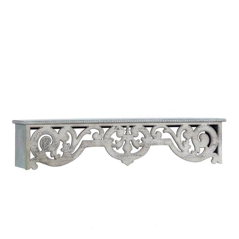 Beige Wooden 1 Shelf Scroll Room Wall Shelf with Gray Distressing