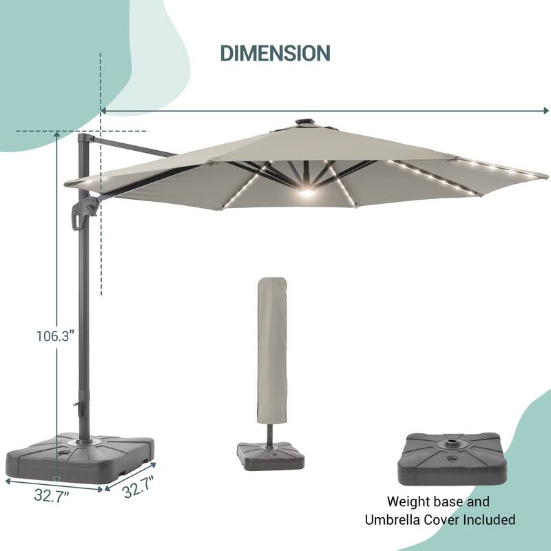 LIVOOSUN 11Ft Aluminum LED Patio Cantilever Offset Umbrella With Base