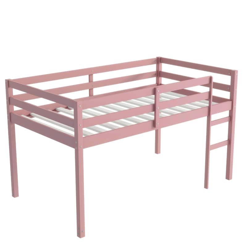 Twin size Rubber Wood Loft Bed with Ladder, 13 Strengthened Slats and Safety Guardrails - Pink
