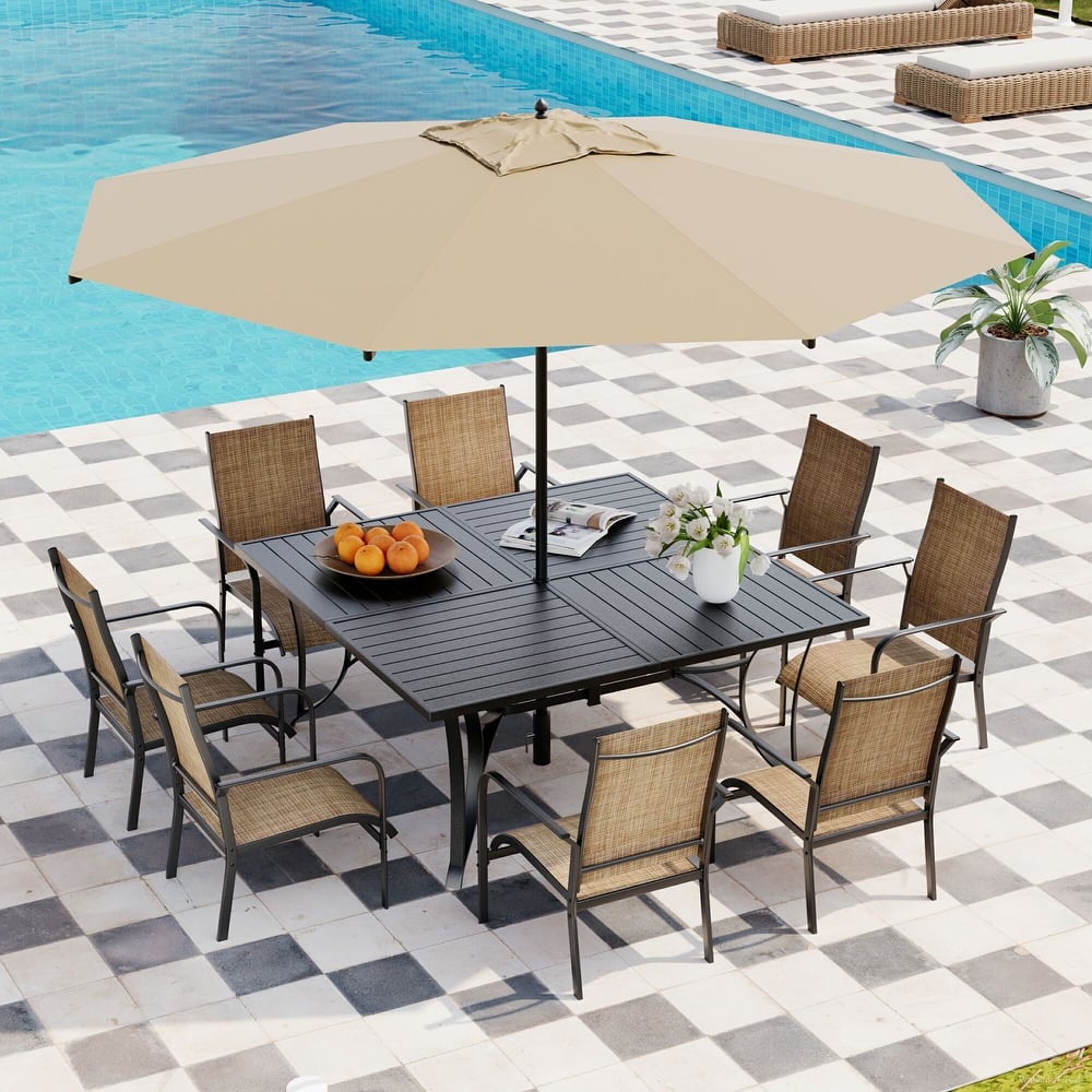 Patio Dining Set, Outdoor Dining Table and Chairs Set with Textilene Chairs, Adjustable Umbrella Hole for Garden, Backyard