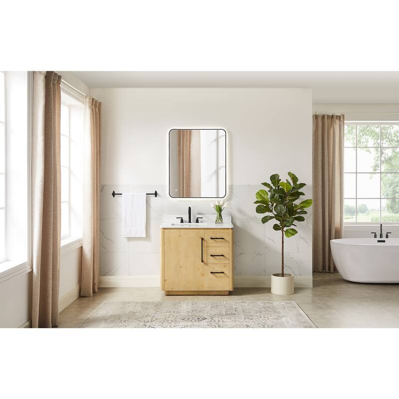 Serene Bathroom Vanity in Nature Brown with Grain White Engineered Stone Countertop with Mirror