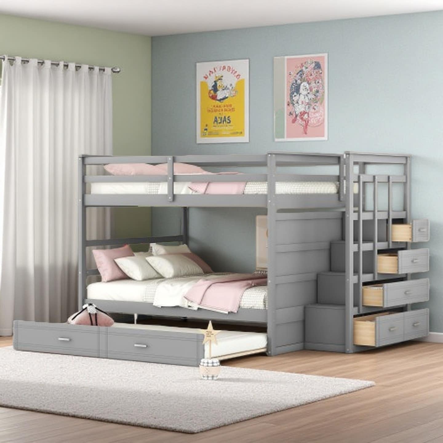 Full-Over-Full Bunk Bed with Twin Trundle, Staircase with Storage Drawers, Solid Pine Frame