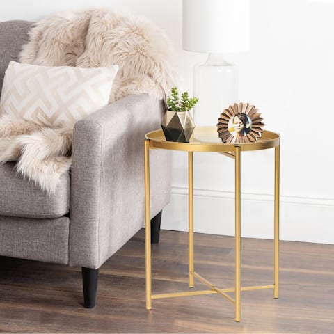 ADECO Tray End Table Gold Metal Side Small Accent Coffee Nightstand